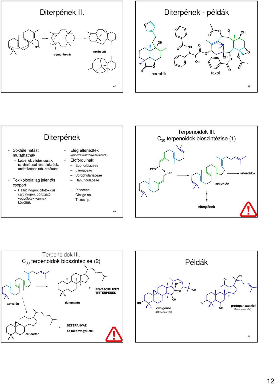 hatásúak Toxikológiailag jelentıs csoport allucinogén, citotoxicus, carcinogen, bırizgató vegyületek vannak közöttük Elég elterjedtek (gibberellin növényi hormonok) Elıfordulnak: