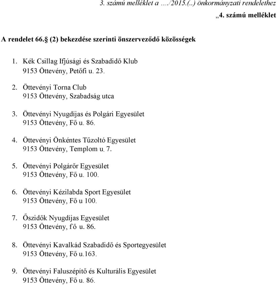 Öttevényi Nyugdíjas és Polgári Egyesület 9153 Öttevény, Fő u. 86. 4. Öttevényi Önkéntes Tűzoltó Egyesület 9153 Öttevény, Templom u. 7. 5.