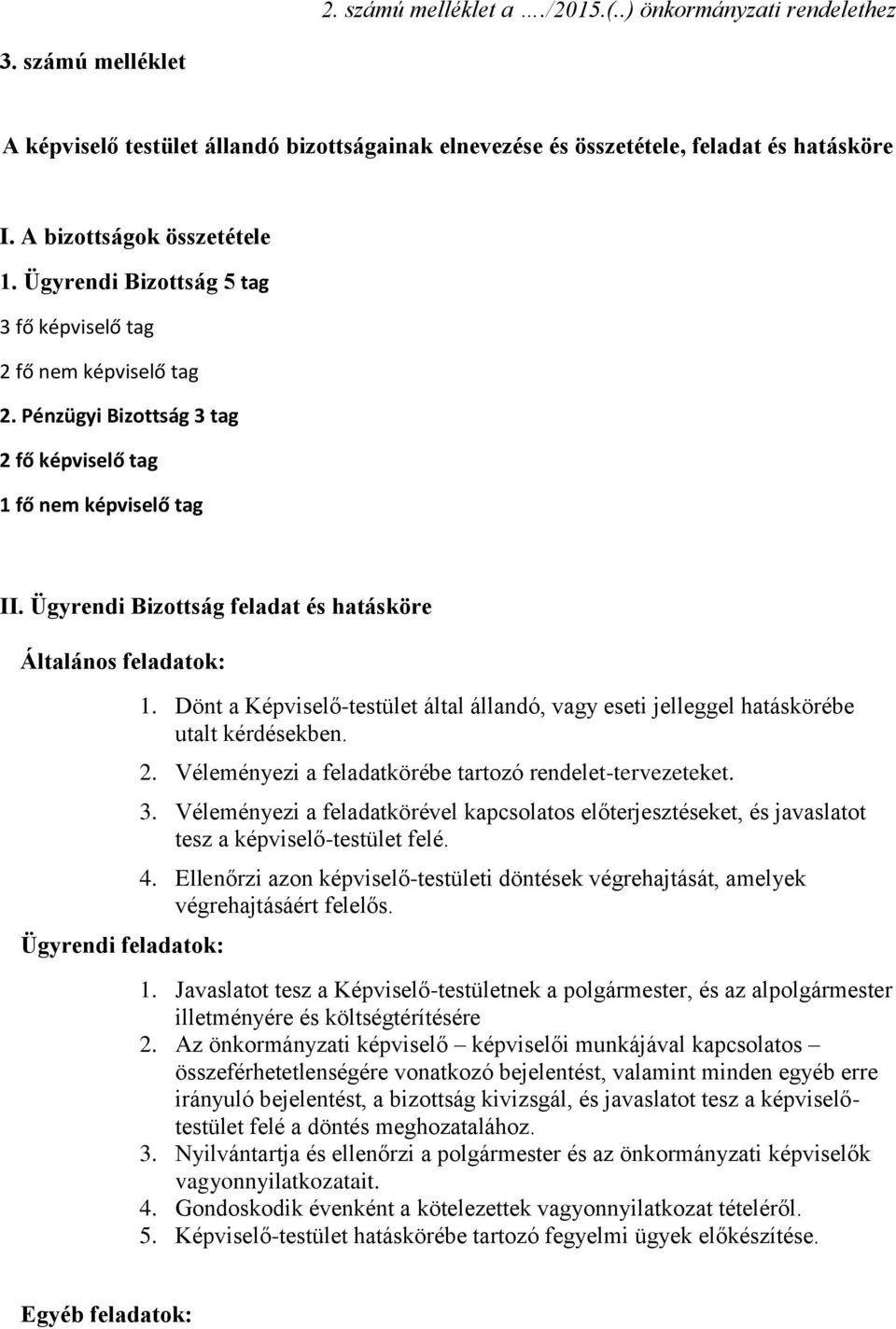 Ügyrendi Bizottság feladat és hatásköre Általános feladatok: Ügyrendi feladatok: 1. Dönt a Képviselő-testület által állandó, vagy eseti jelleggel hatáskörébe utalt kérdésekben. 2.