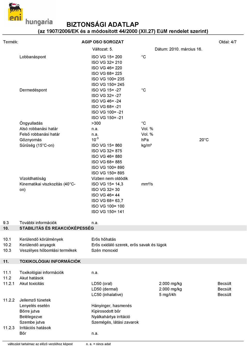 % Gőznyomás 10-3 hpa 20 C Sűrűség (15 C-on) ISO VG 15= 860 kg/m³ ISO VG 32= 875 ISO VG 46= 880 ISO VG 68= 885 ISO VG 100= 890 ISO VG 150= 895 Vízoldhatóság Vízben nem oldódik Kinematikai viszkozitás