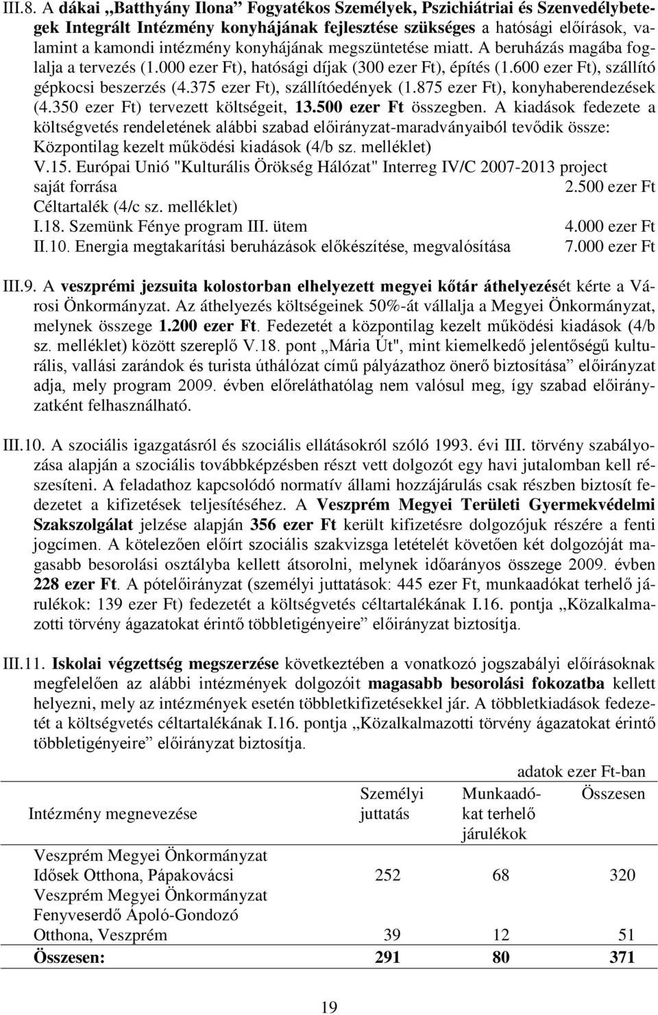 megszüntetése miatt. A beruházás magába foglalja a tervezés (1.000 ezer Ft), hatósági díjak (300 ezer Ft), építés (1.600 ezer Ft), szállító gépkocsi beszerzés (4.375 ezer Ft), szállítóedények (1.