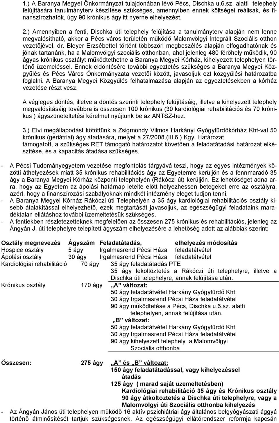 ) Amennyiben a fenti, Dischka úti telephely felújítása a tanulmányterv alapján nem lenne megvalósítható, akkor a Pécs város területén működő Malomvölgyi Integrált Szociális otthon vezetőjével, dr.