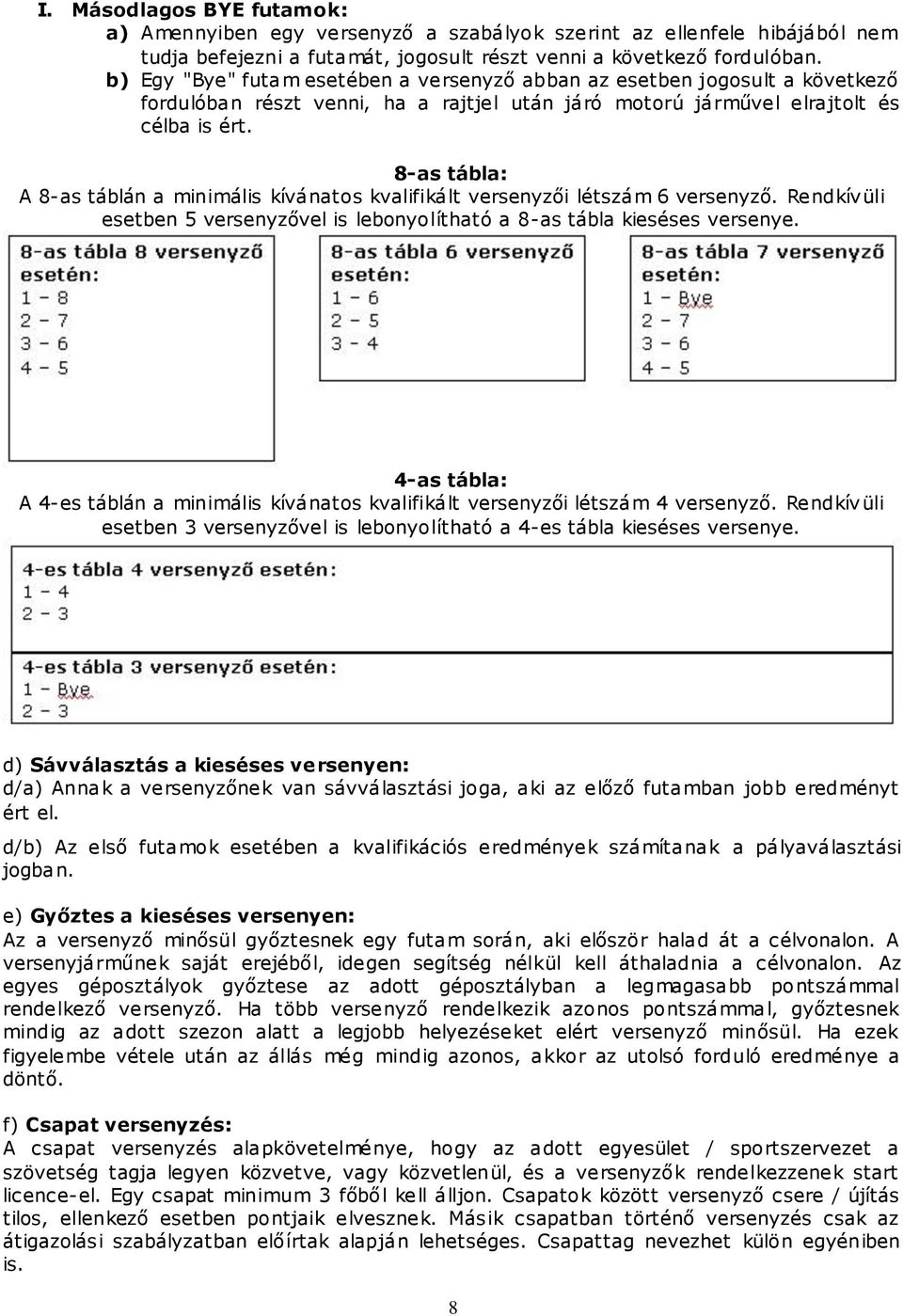 8-as tábla: A 8-as táblán a minimális kívánatos kvalifikált versenyzői létszám 6 versenyző. Rendkívüli esetben 5 versenyzővel is lebonyolítható a 8-as tábla kieséses versenye.