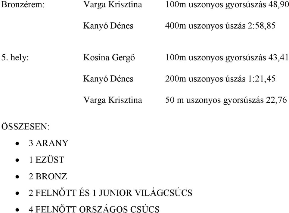 hely: Kosina Gergő 100m uszonyos gyorsúszás 43,41 Kanyó Dénes 200m uszonyos úszás