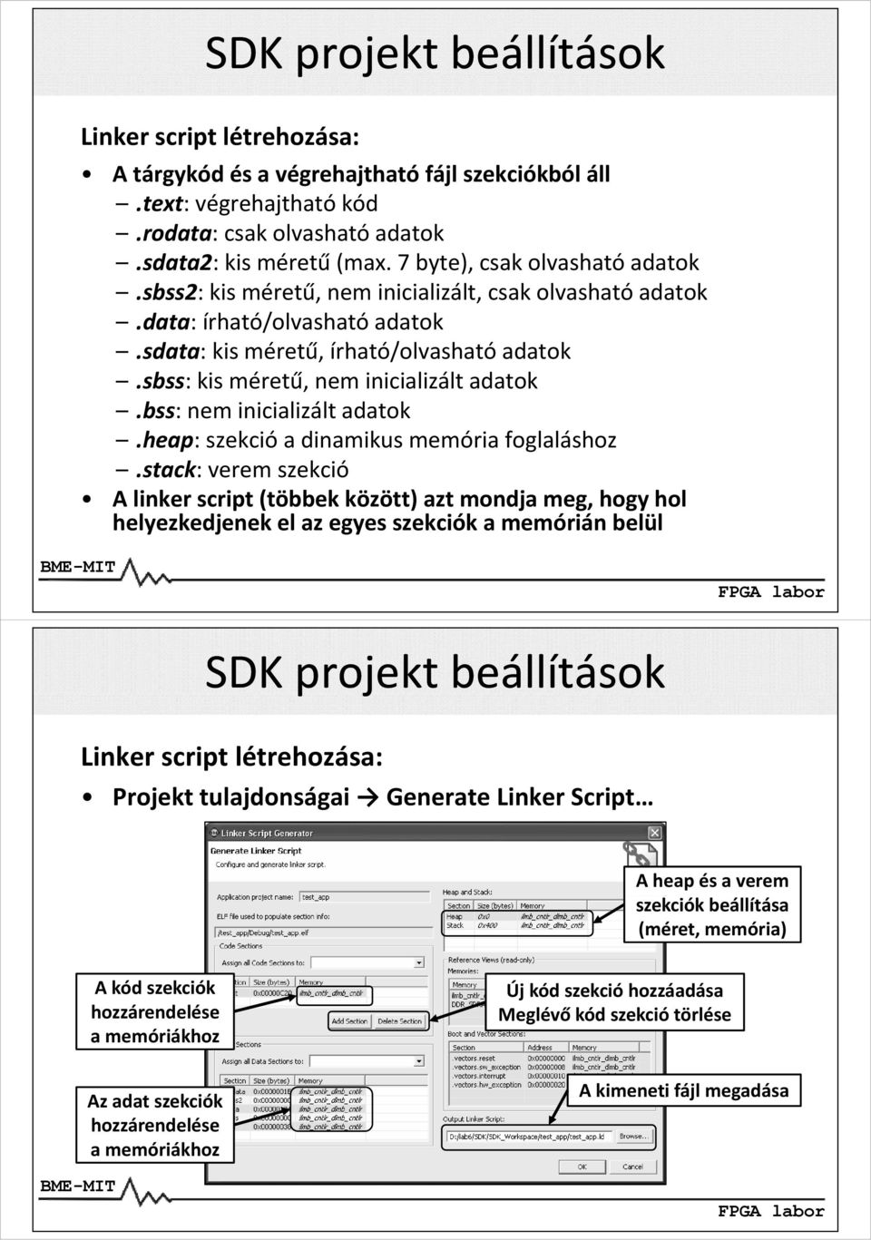 sbss: kis méretű, nem inicializált adatok.bss: nem inicializált adatok.heap: szekció a dinamikus memória foglaláshoz.