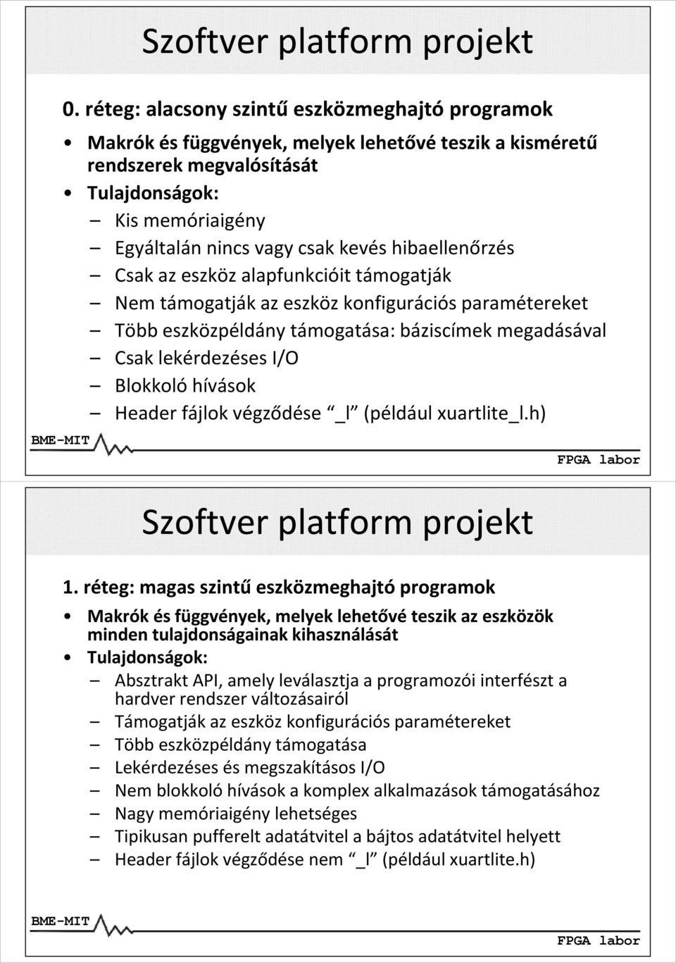 kevés hibaellenőrzés Csak az eszköz alapfunkcióit támogatják Nem támogatják az eszköz konfigurációs paramétereket Több eszközpéldány támogatása: báziscímek megadásával Csak lekérdezéses I/O Blokkoló