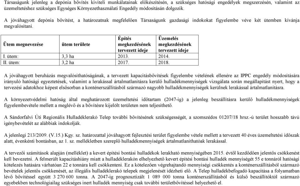 Ütem megnevezése ütem területe Építés megkezdésének tervezett ideje I. ütem: 3,3 ha 3. 4. II. ütem: 3,2 ha 7. 8.