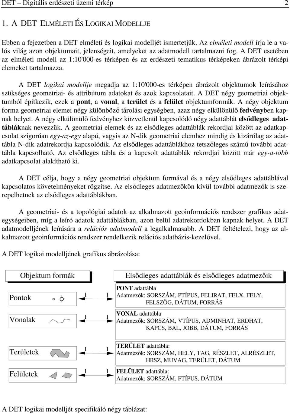 A DET esetében az elméleti modell az 1:10'000-es térképen és az erdészeti tematikus térképeken ábrázolt térképi elemeket tartalmazza.