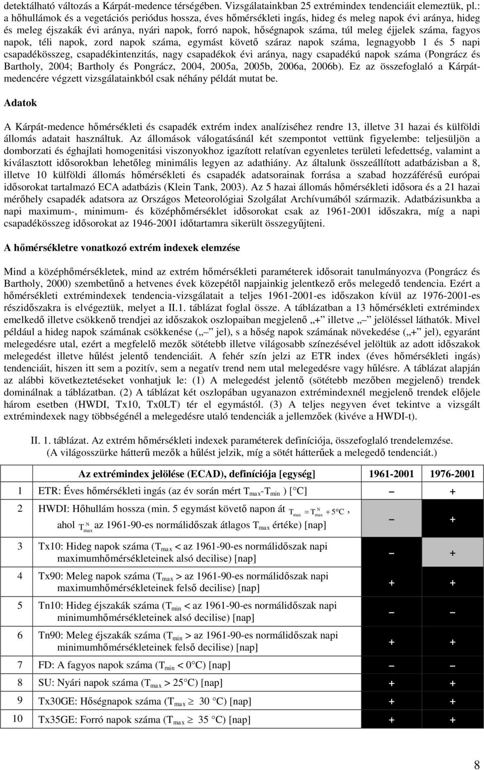 éjjelek száma, fagyos napok, téli napok, zord napok száma, egymást követő száraz napok száma, legnagyobb 1 és 5 napi csapadékösszeg, csapadékintenzitás, nagy csapadékok évi aránya, nagy csapadékú