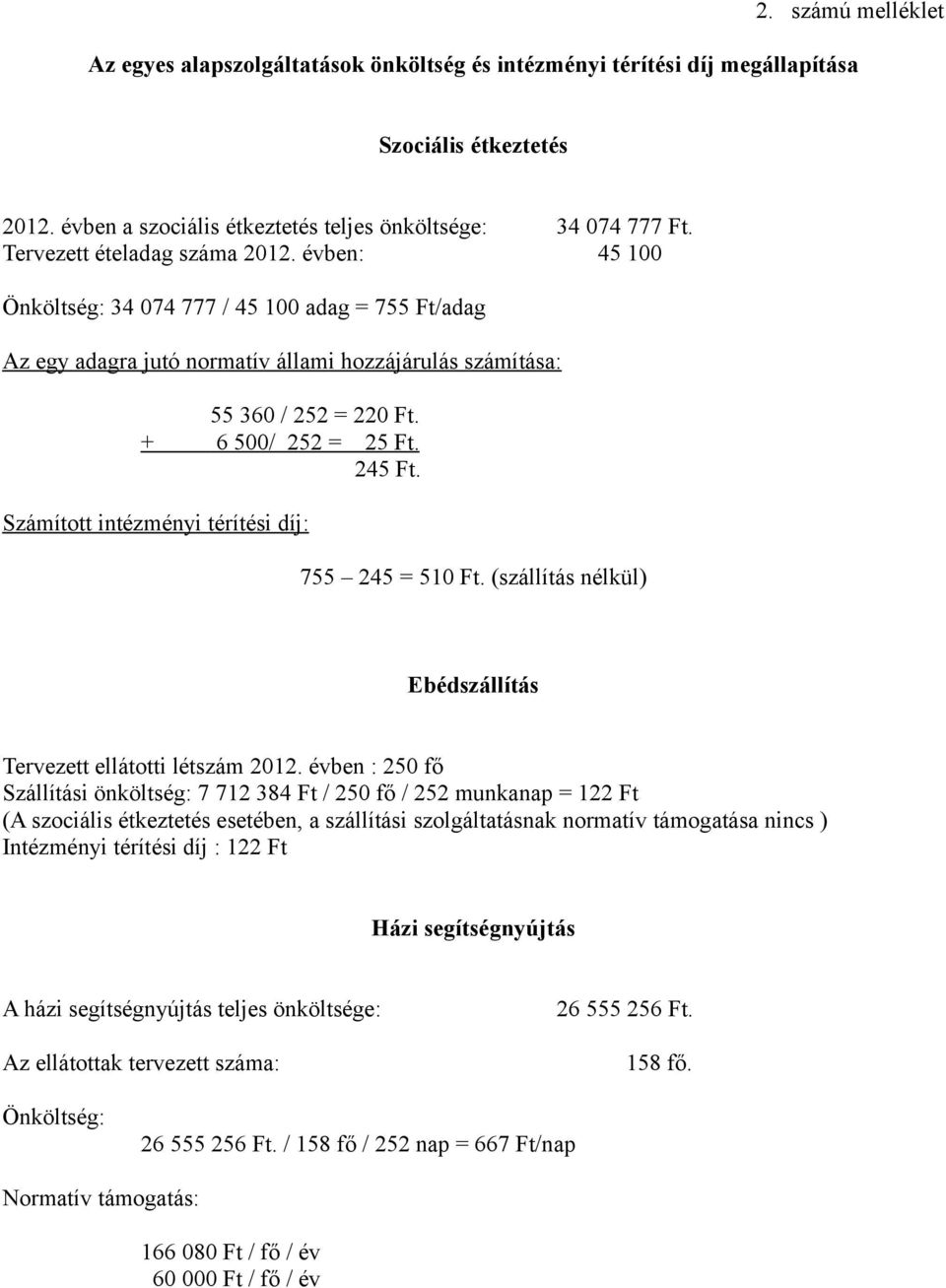 245 Ft. Számított intézményi térítési díj: 755 245 = 510 Ft. (szállítás nélkül) Ebédszállítás Tervezett ellátotti létszám 2012.