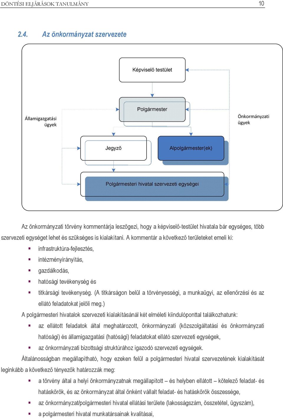 A kommentár a következő területeket emeli ki: infrastruktúra-fejlesztés, intézményirányítás, gazdálkodás, hatósági tevékenység és titkársági tevékenység.