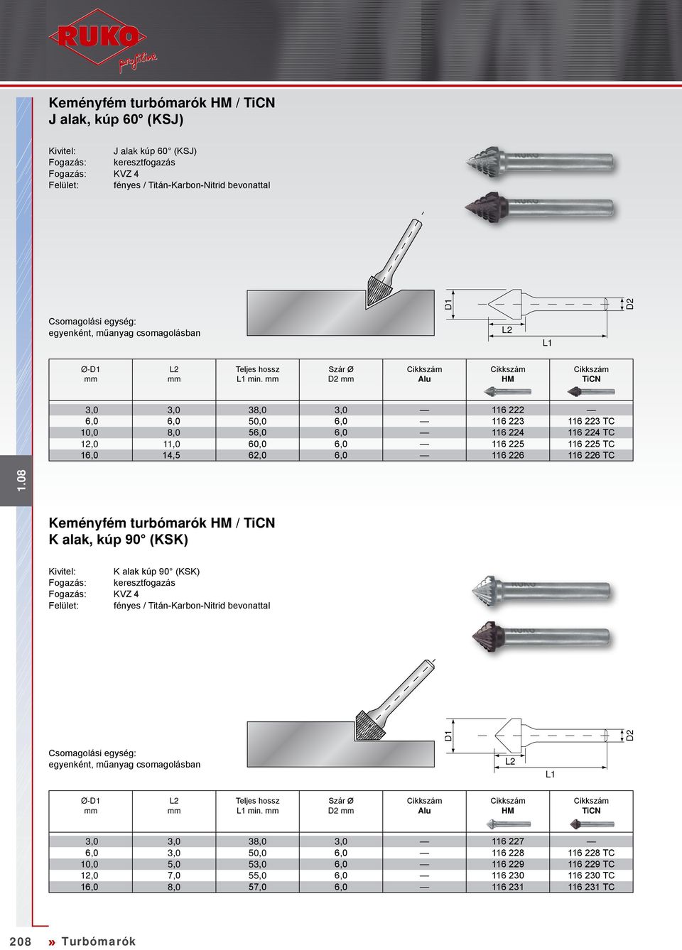 116 226 TC Keményfém turbómarók / K alak, kúp 90 (KSK) Kivitel: K alak kúp 90 (KSK) keresztfogazás KVZ 4 Felület: fényes / Titán-Karbon-Nitrid bevonattal Ø- min.