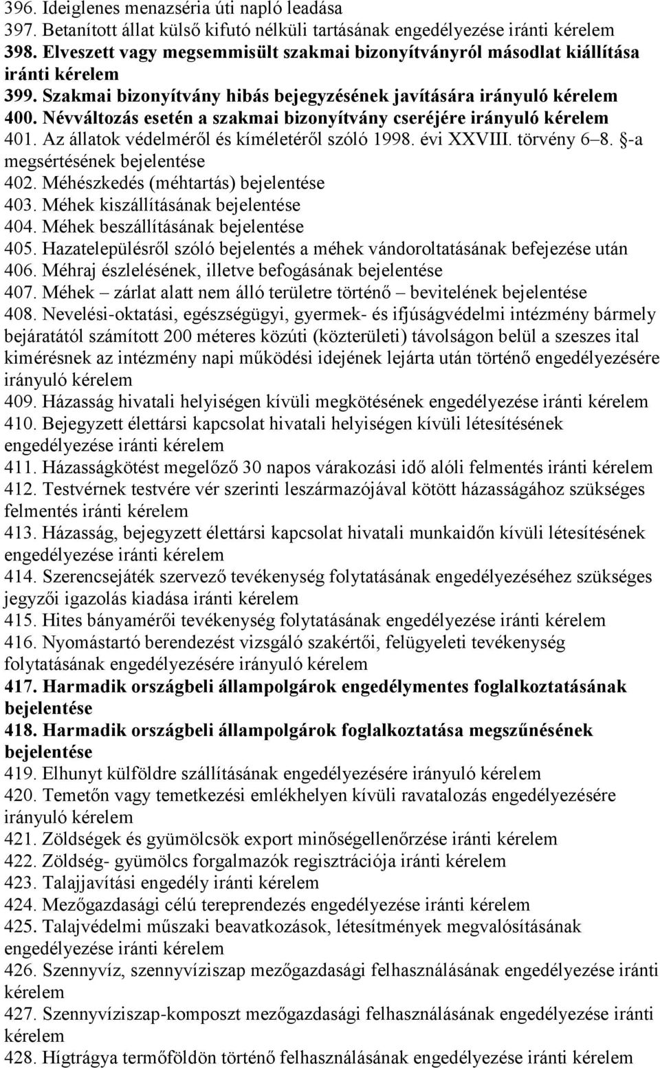 Névváltozás esetén a szakmai bizonyítvány cseréjére irányuló 401. Az állatok védelméről és kíméletéről szóló 1998. évi XXVIII. törvény 6 8. -a megsértésének bejelentése 402.