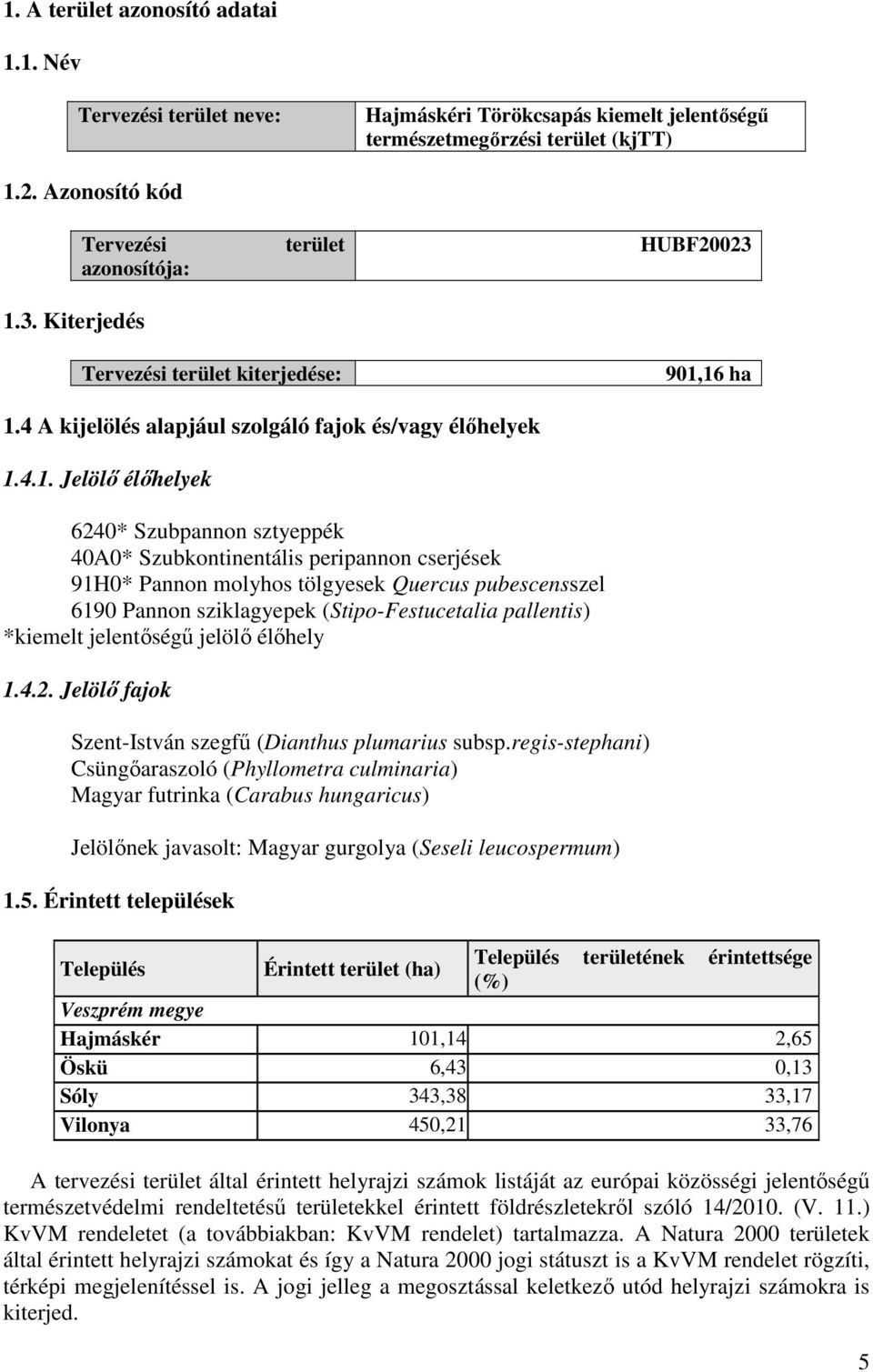 16 ha 1.4 A kijelölés alapjául szolgáló fajok és/vagy élőhelyek 1.4.1. Jelölő élőhelyek 6240* Szubpannon sztyeppék 40A0* Szubkontinentális peripannon cserjések 91H0* Pannon molyhos tölgyesek Quercus