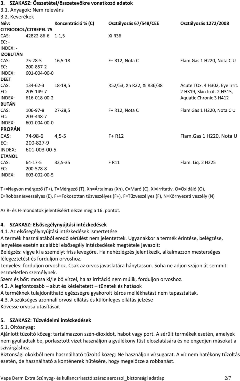 Gas 1 H220, Nota C U EC: 200-857-2 INDEX: 601-004-00-0 DEET CAS: 134-62-3 18-19,5 R52/53, Xn R22, Xi R36/38 Acute TOx. 4 H302, Eye Irrit. EC: 205-149-7 2 H319, Skin Irrit.