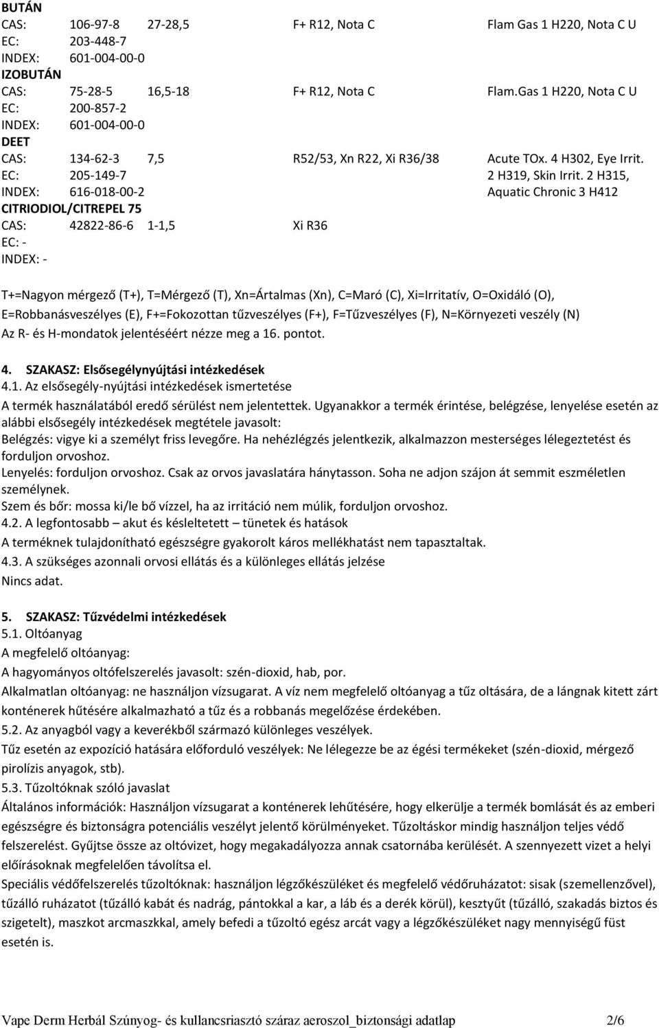 2 H315, INDEX: 616-018-00-2 Aquatic Chronic 3 H412 CITRIODIOL/CITREPEL 75 CAS: 42822-86-6 1-1,5 Xi R36 EC: - INDEX: - T+=Nagyon mérgező (T+), T=Mérgező (T), Xn=Ártalmas (Xn), C=Maró (C),
