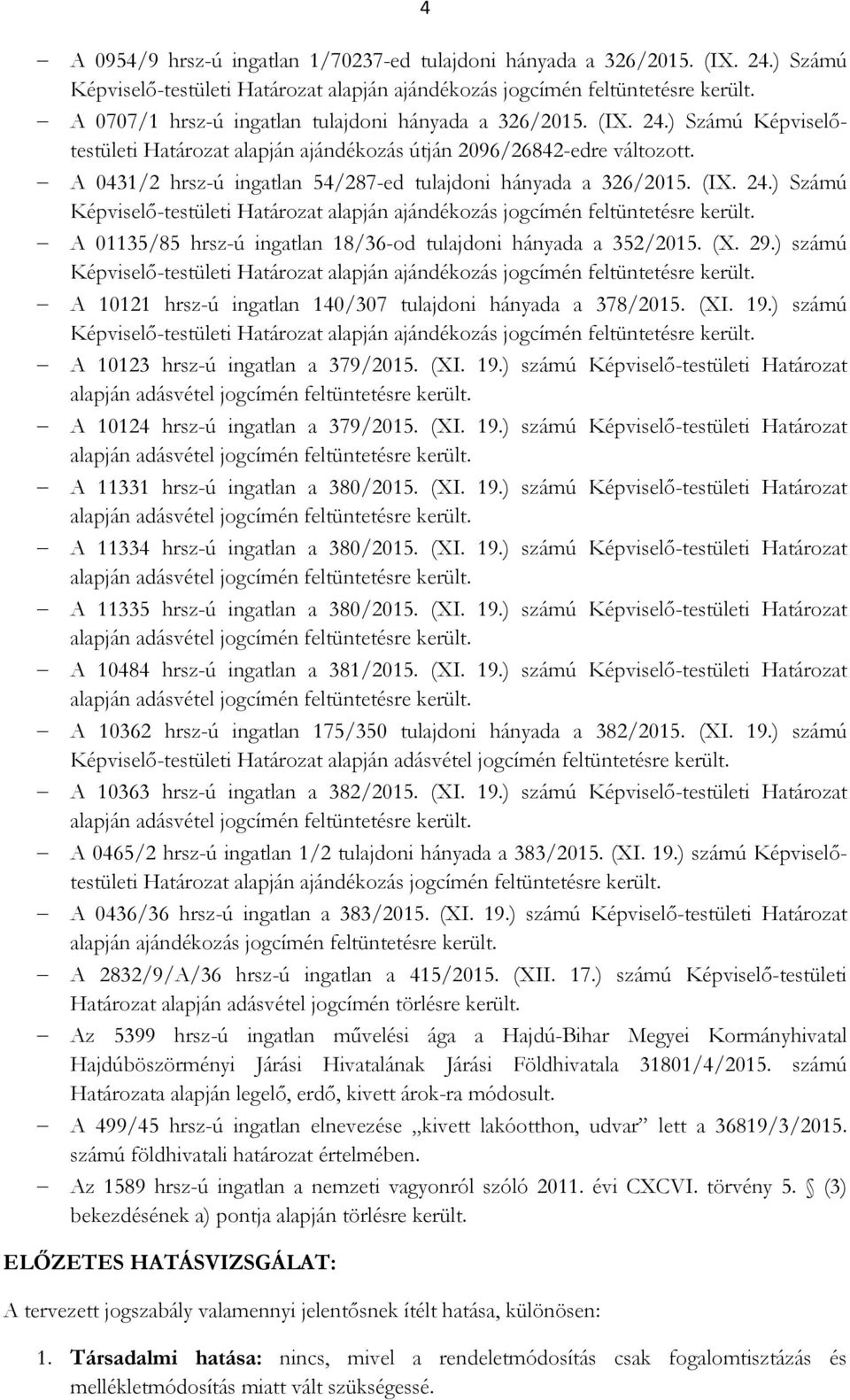 ) számú A 10121 hrsz-ú ingatlan 140/307 tulajdoni hányada a 378/2015. (XI. 19.) számú A 10123 hrsz-ú ingatlan a 379/2015. (XI. 19.) számú Képviselı-testületi Határozat A 10124 hrsz-ú ingatlan a 379/2015.