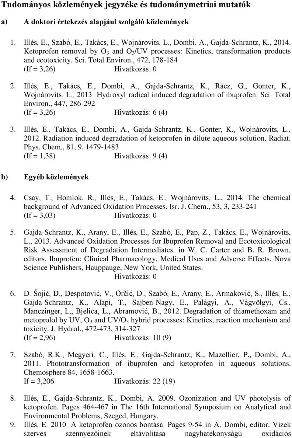 , Dombi, A., Gajda-Schrantz, K., Rácz, G., Gonter, K., Wojnárovits, L., 2013. Hydroxyl radical induced degradation of ibuprofen. Sci. Total Environ., 447, 286-292 (If = 3,26) Hivatkozás: 6 (4) 3.