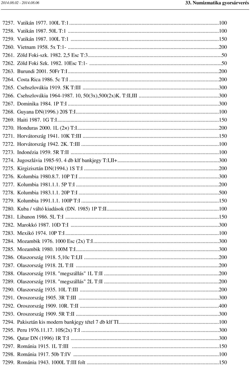T:II,III...300 7267. Dominika 1984. 1P T:I...300 7268. Guyana DN(1996.) 20$ T:I...100 7269. Haiti 1987. 1G T:I...150 7270. Honduras 2000. 1L (2 ) T:I...200 7271. Horvátország 1941. 10K T:III...150 7272.