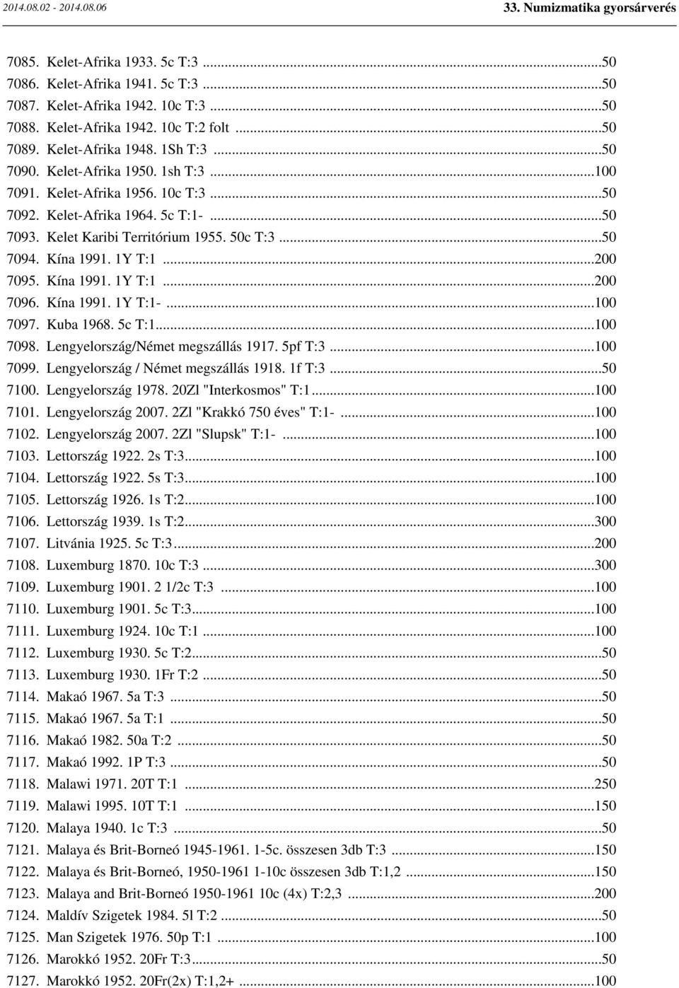 Kína 1991. 1Y T:1...200 7096. Kína 1991. 1Y T:1-...100 7097. Kuba 1968. 5c T:1...100 7098. Lengyelország/Német megszállás 1917. 5pf T:3...100 7099. Lengyelország / Német megszállás 1918. 1f T:3.