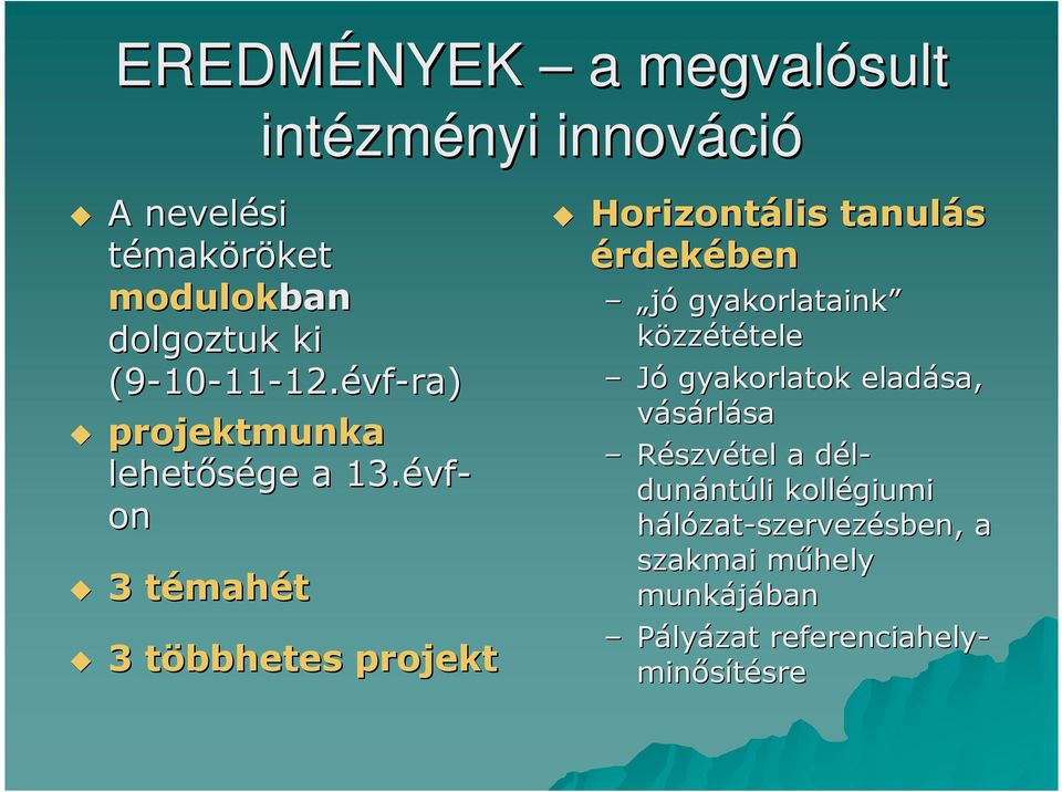 évf vf- on 3 témaht mahét 3 többhetes t projekt Horizontális tanulás érdekében jó gyakorlataink közzétételetele