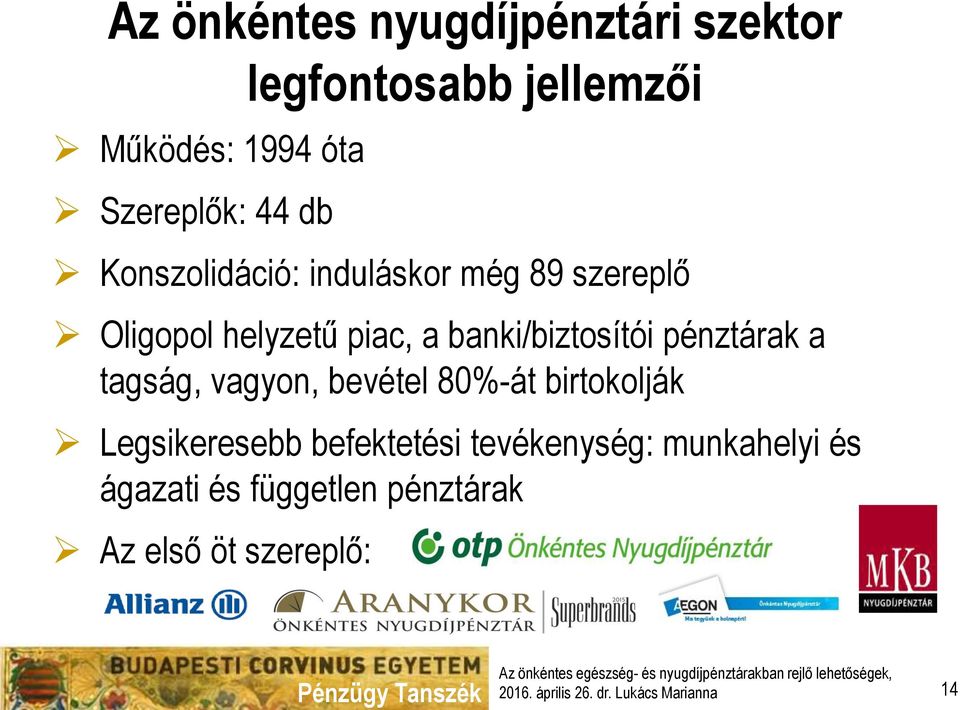banki/biztosítói pénztárak a tagság, vagyon, bevétel 80%-át birtokolják Legsikeresebb