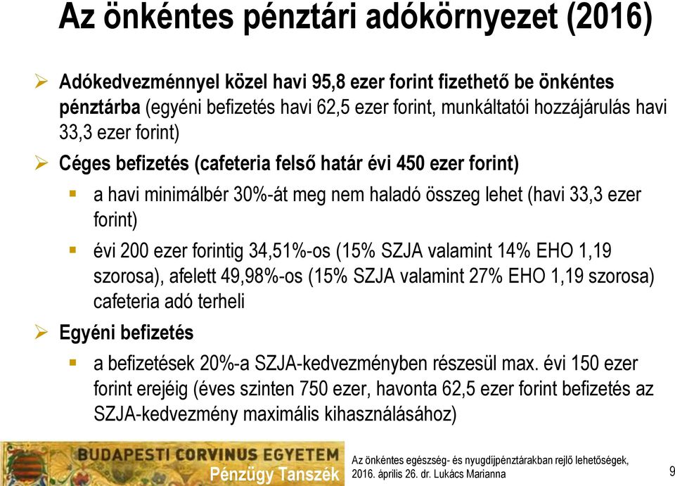 évi 200 ezer forintig 34,51%-os (15% SZJA valamint 14% EHO 1,19 szorosa), afelett 49,98%-os (15% SZJA valamint 27% EHO 1,19 szorosa) cafeteria adó terheli Egyéni befizetés a