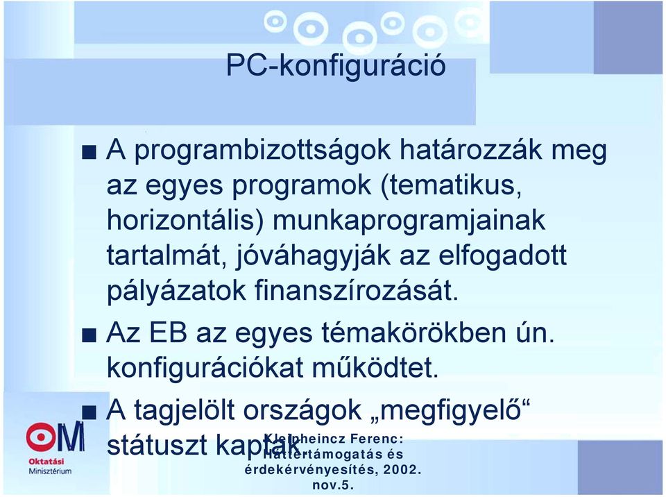 elfogadott pályázatok finanszírozását. Az EB az egyes témakörökben ún.