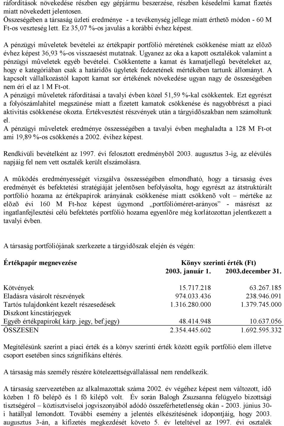 A pénzügyi mûveletek bevételei az értékpapír portfólió méretének csökkenése miatt az elõzõ évhez képest 36,93 %-os visszaesést mutatnak.