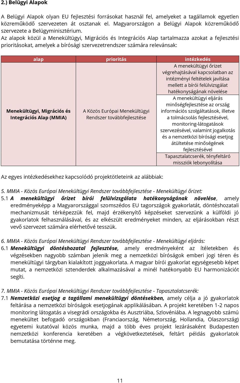 Az alapok közül a Menekültügyi, Migrációs és Integrációs Alap tartalmazza azokat a fejlesztési prioritásokat, amelyek a bírósági szervezetrendszer számára relevánsak: alap prioritás intézkedés