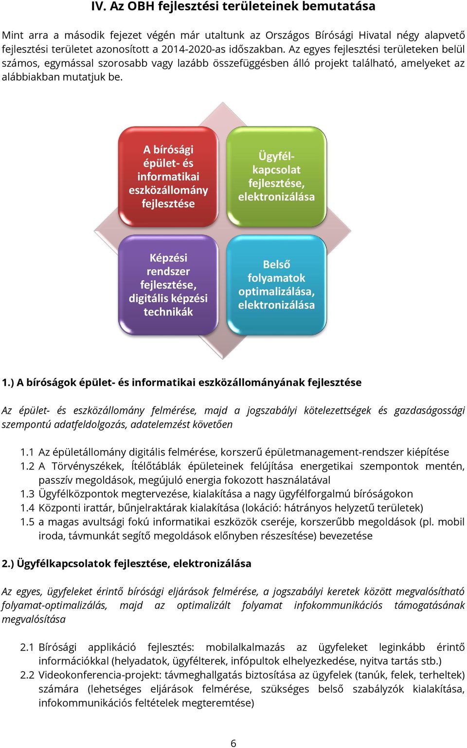 A bírósági épület- és informatikai eszközállomány fejlesztése Ügyfélkapcsolat fejlesztése, elektronizálása Képzési rendszer fejlesztése, digitális képzési technikák Belső folyamatok optimalizálása,