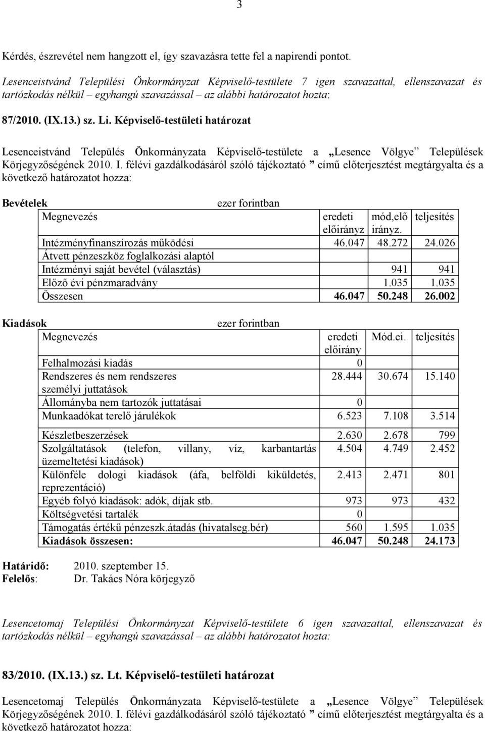 Képviselő-testületi határozat Lesenceistvánd Település Önkormányzata Képviselő-testülete a Lesence Völgye Települések Körjegyzőségének 2010. I.