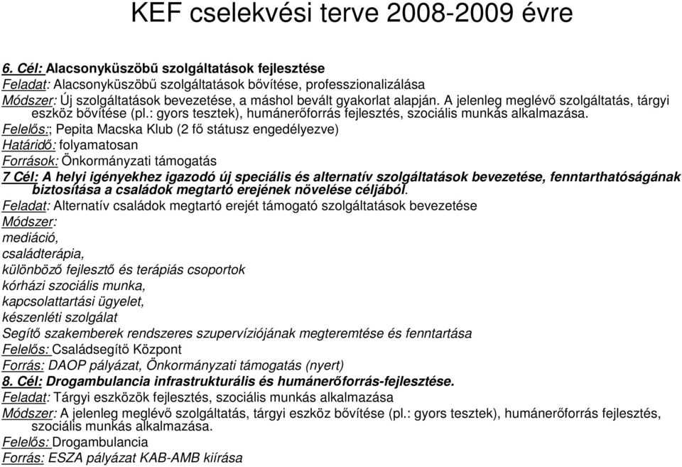 A jelenleg meglévı szolgáltatás, tárgyi eszköz bıvítése (pl.: gyors tesztek), humánerıforrás fejlesztés, szociális munkás alkalmazása.