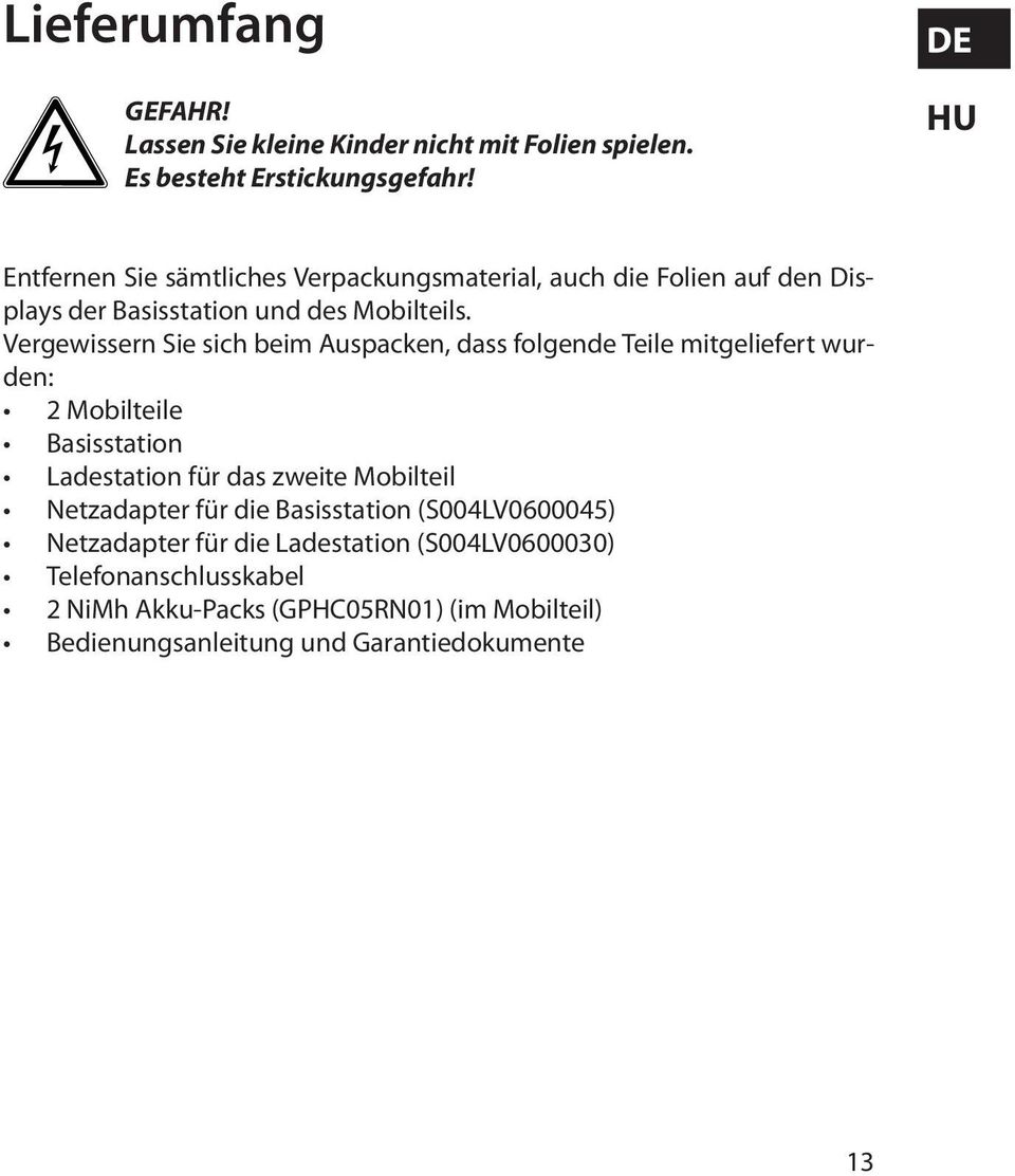 Vergewissern Sie sich beim Auspacken, dass folgende Teile mitgeliefert wurden: 2 Mobilteile Basisstation Ladestation für das zweite Mobilteil