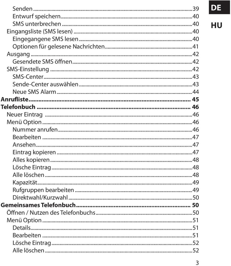 ..46 Menü Option...46 Nummer anrufen...46 Bearbeiten...47 Ansehen...47 Eintrag kopieren...47 Alles kopieren...48 Lösche Eintrag...48 Alle löschen...48 Kapazität.