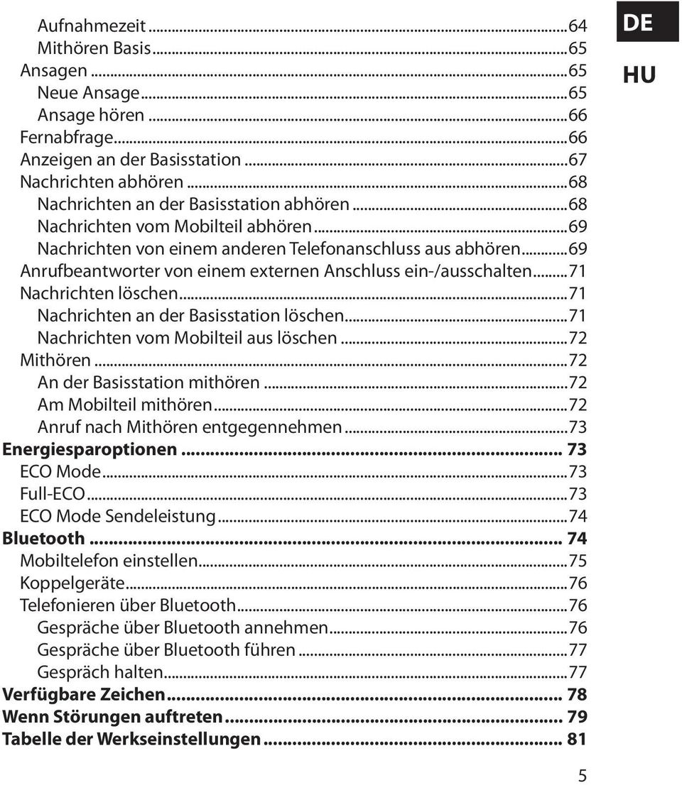 ..71 Nachrichten an der Basisstation löschen...71 Nachrichten vom Mobilteil aus löschen...72 Mithören...72 An der Basisstation mithören...72 Am Mobilteil mithören.