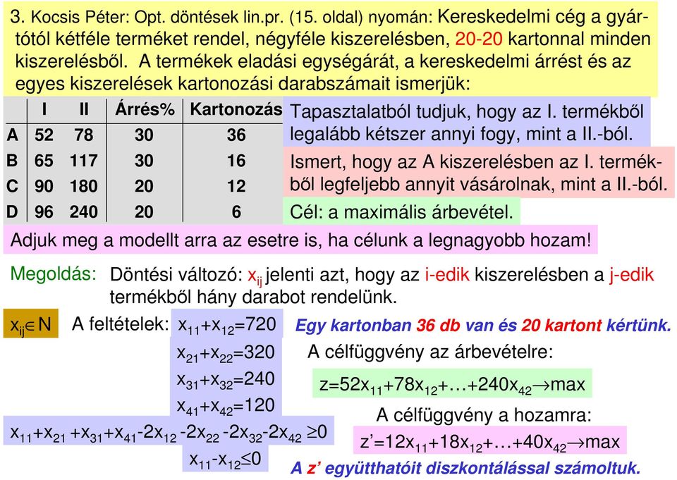 termékből legalább kétszer annyi fogy, mint a II.-ból. Ismert, hogy az A kiszerelésben az I. termékből legfeljebb annyit vásárolnak, mint a II.-ból. Cél: a maimális árbevétel.