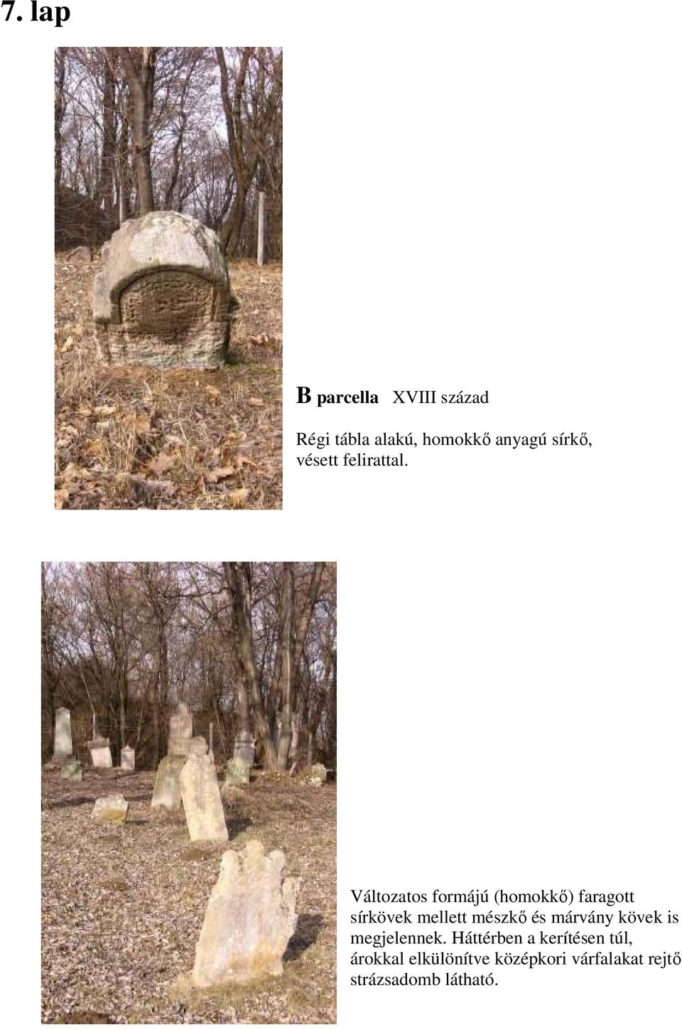 Változatos formájú (homokkő) faragott sírkövek mellett mészkő és