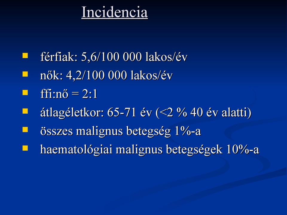 65-71 év (<2 % 40 év alatti) összes malignus