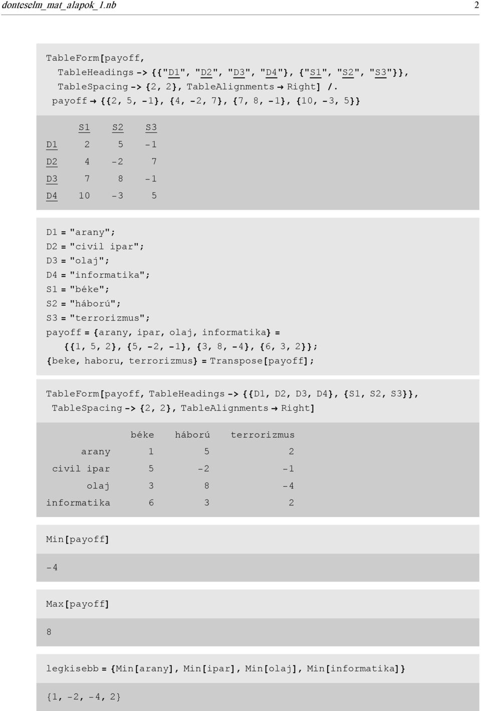 "olaj"; D4 = "informatika"; S1 = "béke"; S2 = "háború"; S3 = "terrorizmus"; payoff = 8arany, ipar, olaj, informatika< = 881, 5, 2<, 85, 2, 1<,