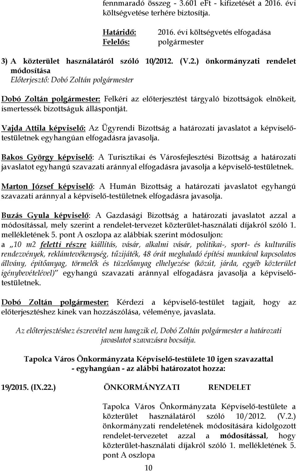 16. évi költségvetés elfogadása 3) A közterület használatáról szóló 10/20