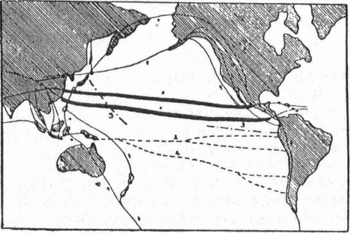 Jelenlegi gázövek a Csendes Óceán alatt. 1. A nagy központi gázövek. 2. A Déli tenger keresztező övei 3. A Japán-Markesas öv. 4. Az Óceán körüli nagy gázöv.