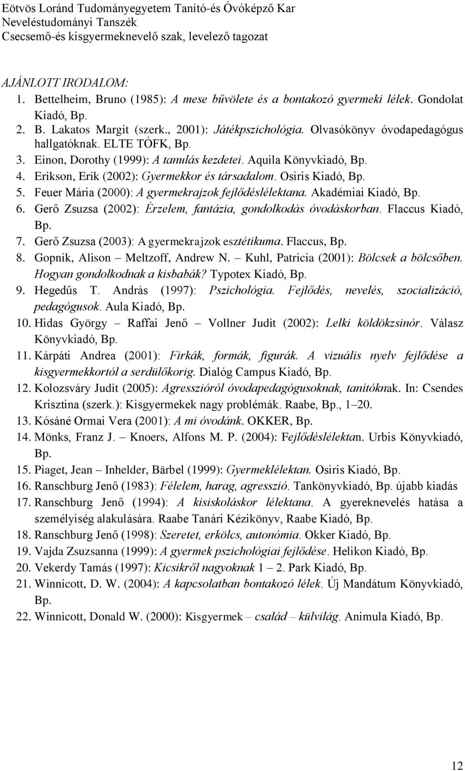 Feuer Mária (2000): A gyermekrajzok fejlődéslélektana. Akadémiai Kiadó, Bp. 6. Gerő Zsuzsa (2002): Érzelem, fantázia, gondolkodás óvodáskorban. Flaccus Kiadó, Bp. 7.