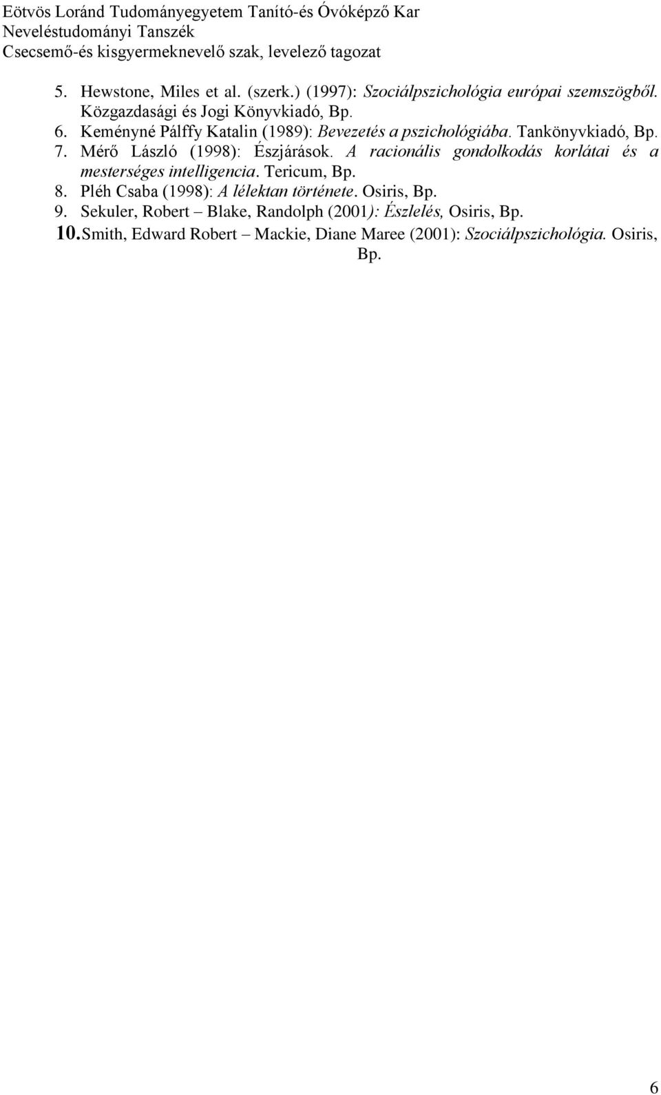 A racionális gondolkodás korlátai és a mesterséges intelligencia. Tericum, Bp. 8. Pléh Csaba (1998): A lélektan története.