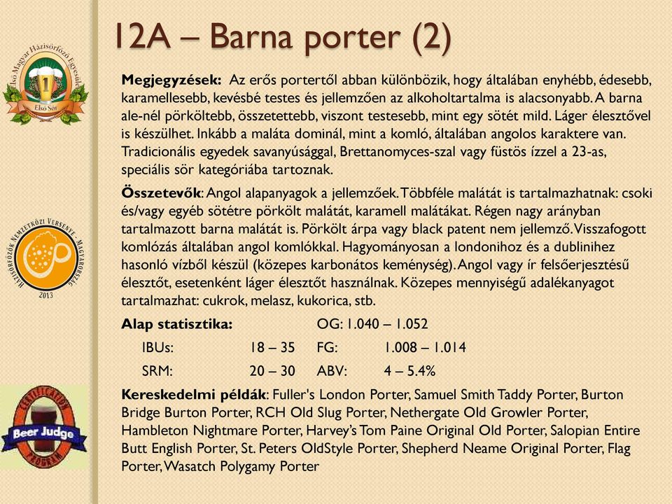 Tradicionális egyedek savanyúsággal, Brettanomyces-szal vagy füstös ízzel a 23-as, speciális sör kategóriába tartoznak. Összetevők: Angol alapanyagok a jellemzőek.