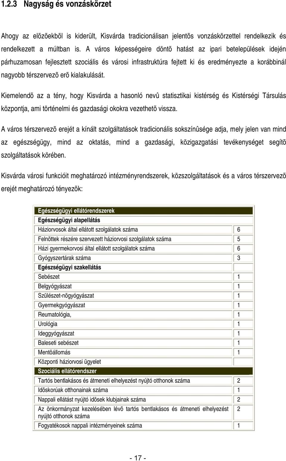 kialakulását. Kiemelendõ az a tény, hogy Kisvárda a hasonló nevû statisztikai kistérség és Kistérségi Társulás központja, ami történelmi és gazdasági okokra vezethetõ vissza.