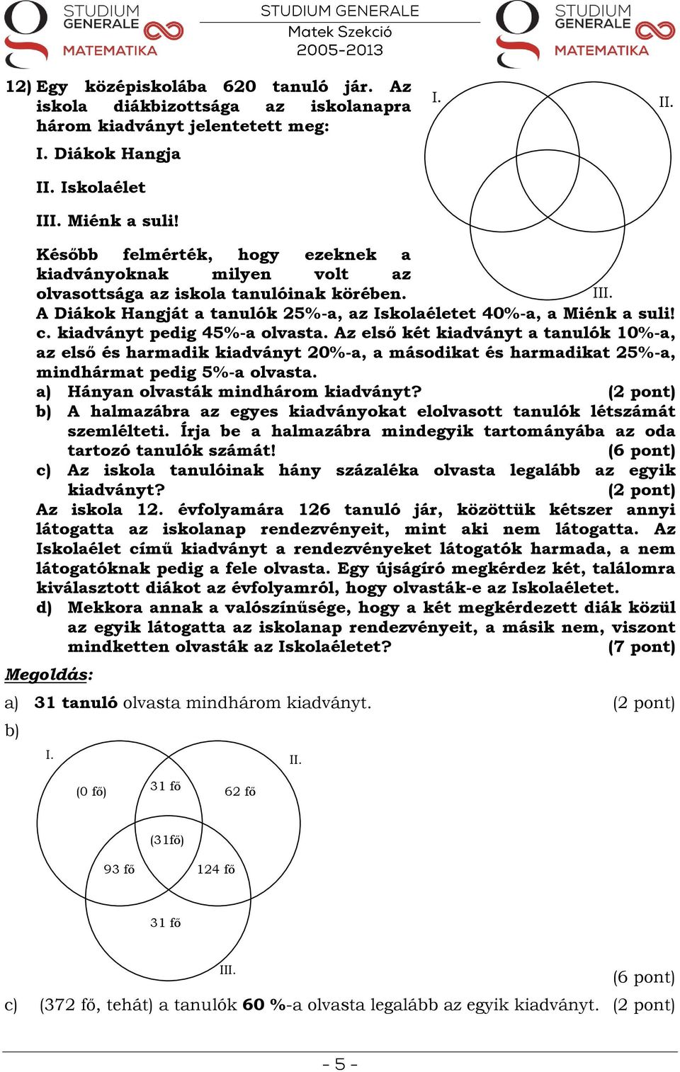 kiadványt pedig 45%-a olvasta. Az első két kiadványt a tanulók 10%-a, az első és harmadik kiadványt 20%-a, a másodikat és harmadikat 25%-a, mindhármat pedig 5%-a olvasta.