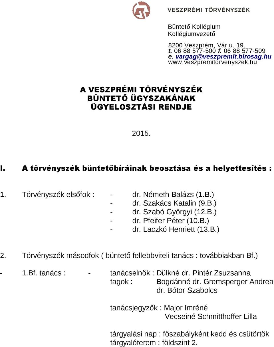 Szakács Katalin (9.B.) - dr. Szabó Györgyi (12.B.) - dr. Pfeifer Péter (10.B.) - dr. Laczkó Henriett (13.B.) 2. Törvényszék másodfok ( büntető fellebbviteli tanács : továbbiakban Bf.