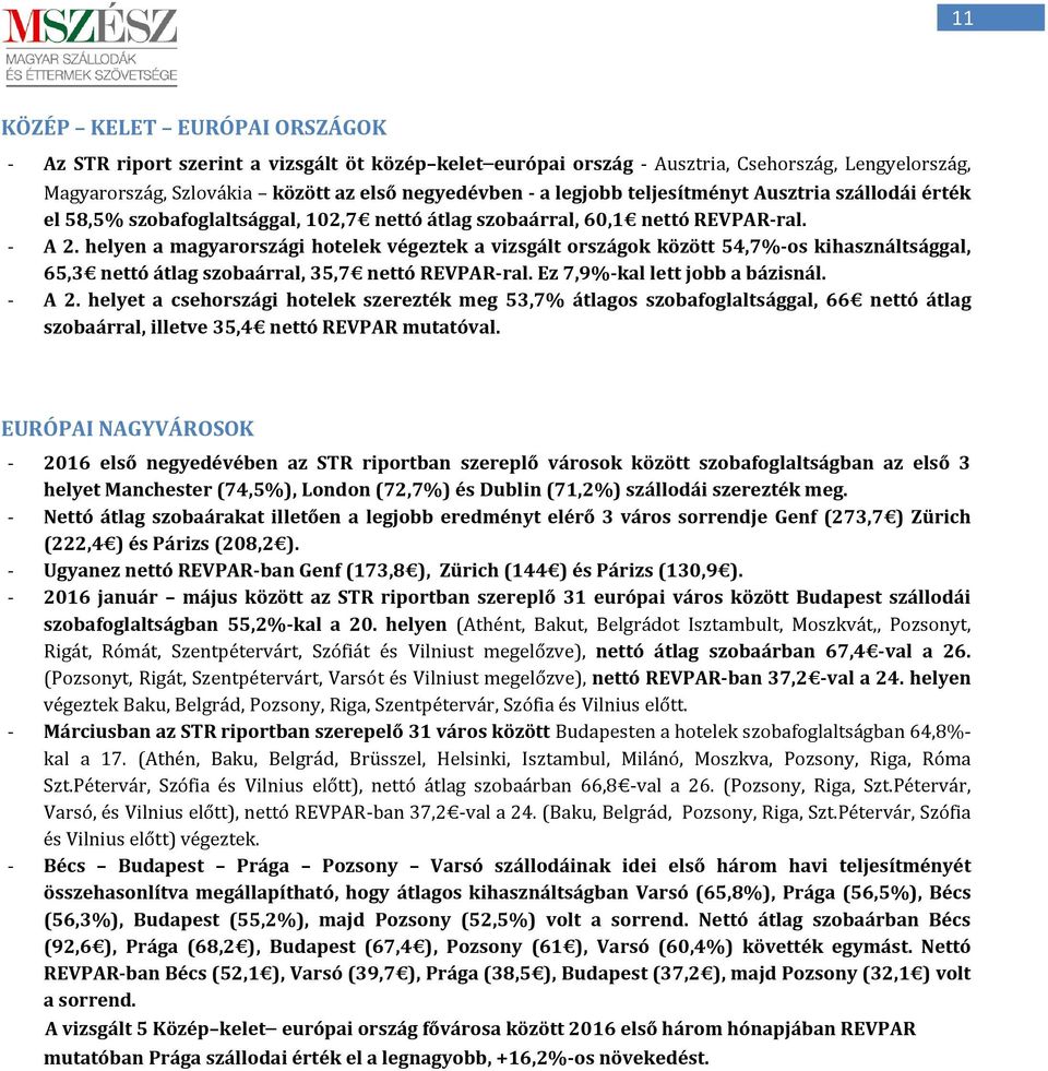 helyen a magyarországi hotelek végeztek a vizsgált országok között 54,7%-os kihasználtsággal, 65,3 nettó átlag szobaárral, 35,7 nettó REVPAR-ral. Ez 7,9%-kal lett jobb a bázisnál. - A 2.