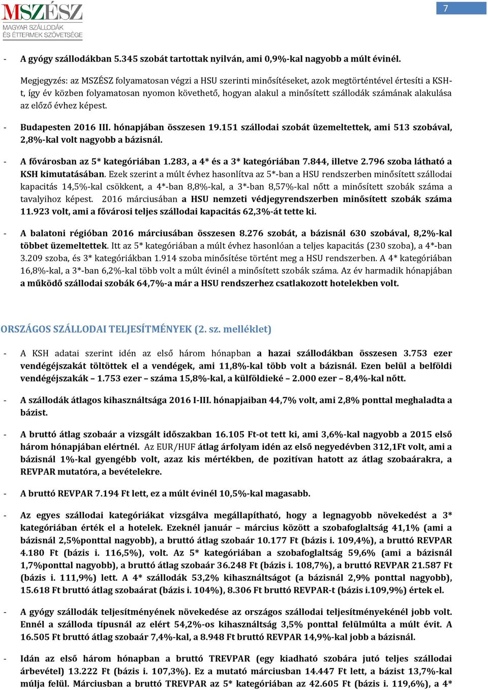 alakulása az előző évhez képest. - Budapesten 2016 III. hónapjában összesen 19.151 szállodai szobát üzemeltettek, ami 513 szobával, 2,8%-kal volt nagyobb a bázisnál.